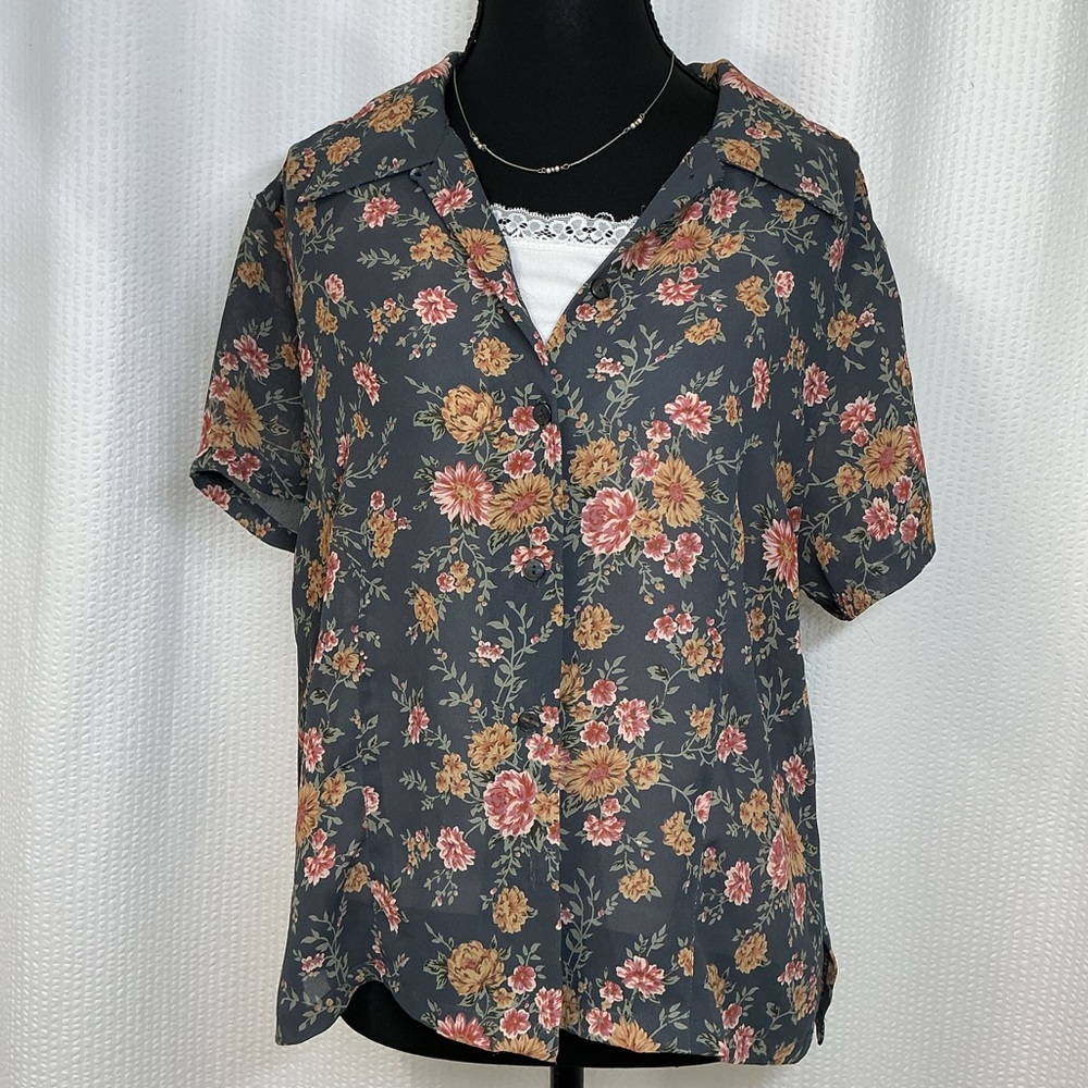 Express Floral Button Down Shirt - Gray and Pink